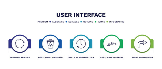 set of user interface thin line icons. user interface outline icons with infographic template. linear icons such as spinning arrows, recycling container, circular arrow clock, sketch loop arrow,
