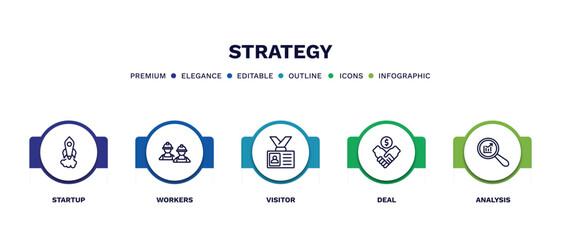 set of strategy thin line icons. strategy outline icons with infographic template. linear icons such as startup, workers, visitor, deal, analysis vector.