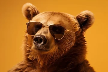 Poster Predator in style A fierce bear looking cool and trendy in sunglasses, up close and personal. A must-have for fashion and nature enthusiasts. AI Generative. © sorapop