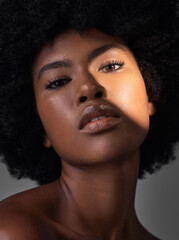Dark portrait light, makeup or black woman with beauty foundation, natural facial cosmetics and spa...