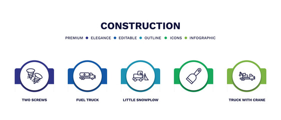 set of construction thin line icons. construction outline icons with infographic template. linear icons such as two screws, fuel truck, little snowplow, , truck with crane vector.