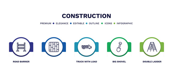 set of construction thin line icons. construction outline icons with infographic template. linear icons such as road barrier, , truck with load, big shovel, double ladder vector.