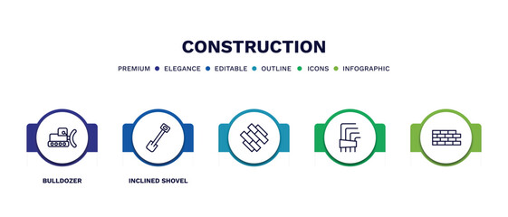 set of construction thin line icons. construction outline icons with infographic template. linear icons such as bulldozer, inclined shovel, ,