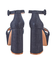 Elegant summer women's sandals made of indigo denim, of excellent quality, with a high massive heel, isolated on a white background. Rear view. - 618108358