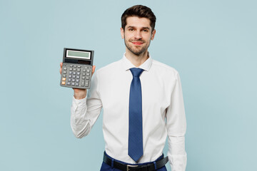 Young fun happy employee business man corporate lawyer wearing classic formal shirt tie work in office use calculator with blank screen isolated on plain pastel light blue background studio portrait. - Powered by Adobe