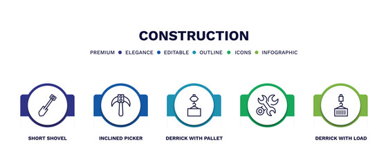 set of construction thin line icons. construction outline icons with infographic template. linear icons such as short shovel, inclined picker, derrick with pallet, , derrick with load vector.