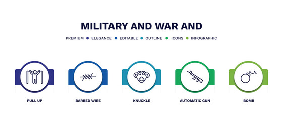 set of military and war and thin line icons. military and war outline icons with infographic template. linear icons such as pull up, barbed wire, knuckle, automatic gun, bomb vector.