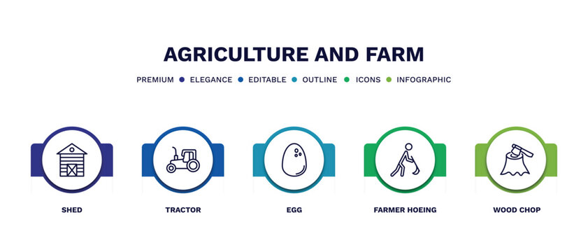 set of agriculture and farm thin line icons. agriculture and farm outline icons with infographic template. linear icons such as shed, tractor, egg, farmer hoeing, wood chop vector.