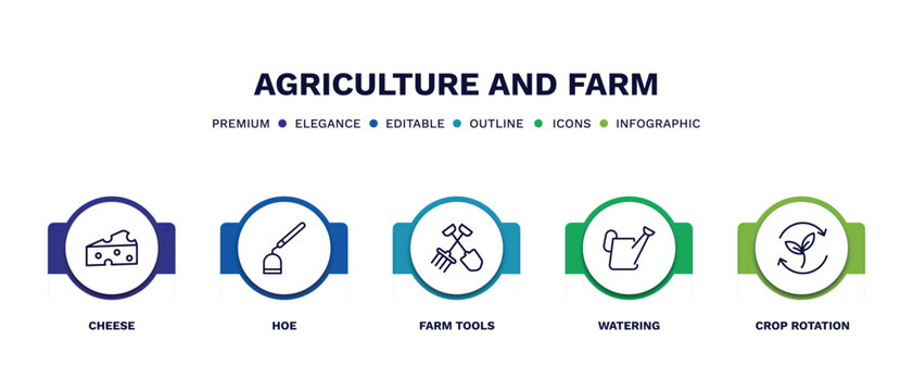 set of agriculture and farm thin line icons. agriculture and farm outline icons with infographic template. linear icons such as cheese, hoe, farm tools, watering, crop rotation vector.