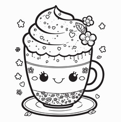 Vector hand drawn coffee cup outline illustration. Coloring page for kids and adults. Print design, t-shirt design, tattoo design, mural art, line art.