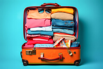 orange suitcase Packed for holodays with belongings on blue background ai generated art