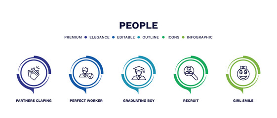 set of people thin line icons. people outline icons with infographic template. linear icons such as partners claping hands, perfect worker, graduating boy, recruit, girl smile vector.