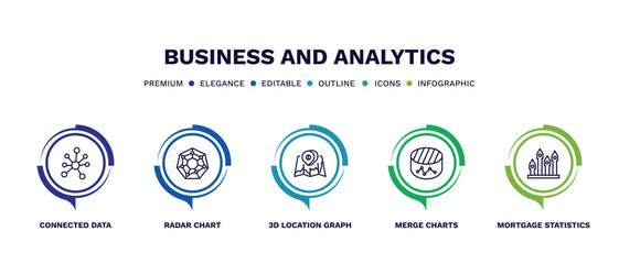 set of business and analytics thin line icons. business and analytics outline icons with infographic template. linear icons such as connected data, radar chart, 3d location graph, merge charts,