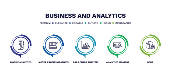 set of business and analytics thin line icons. business and analytics outline icons with infographic template. linear icons such as mobile analytics, laptop profits graphics, bars chart analysis,