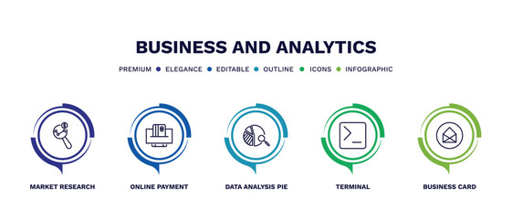 set of business and analytics thin line icons. business and analytics outline icons with infographic template. linear icons such as market research, online payment, data analysis pie chart,