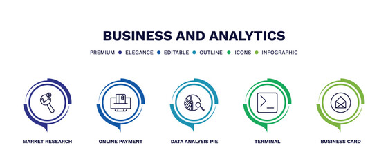 set of business and analytics thin line icons. business and analytics outline icons with infographic template. linear icons such as market research, online payment, data analysis pie chart,