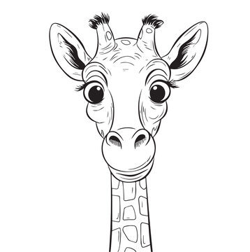 Vector hand drawn cute cartoonish giraffe outline illustration. Coloring page for kids and adults. Print design, t-shirt design, tattoo design, mural art, line art.