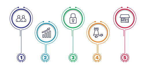 set of strategy thin line icons. strategy outline icons with infographic template. linear icons such as sample, padlock, store, growth, strength vector.