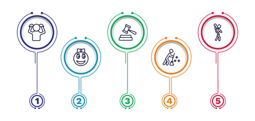 set of people thin line icons. people outline icons with infographic template. linear icons such as pulling hair, judge with hammer, give a piggy back ride, girl smile, sweeping person vector.