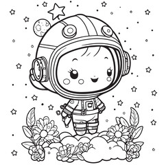 Vector hand drawn cute astronaut in space outline illustration. Coloring page for kids and adults. Print design, t-shirt design, tattoo design, mural art, line art.