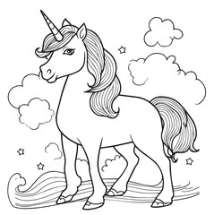 Vector hand drawn cute unicorn outline illustration. Coloring page for kids and adults. Print design, t-shirt design, tattoo design, mural art, line art.