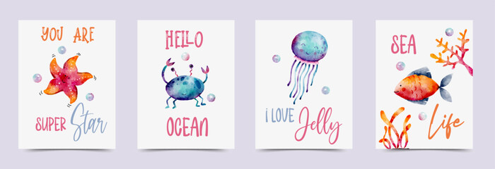 Fototapeta na wymiar Cute Watercolor Vector Sea Animals Cards Set