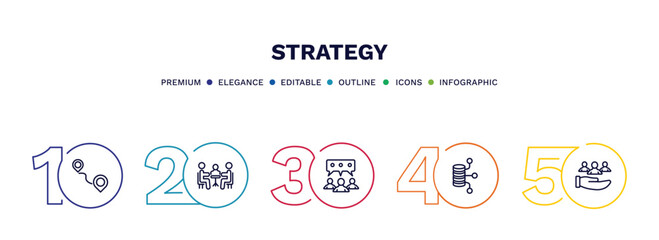 Naklejka premium set of strategy thin line icons. strategy outline icons with infographic template. linear icons such as path, meeting, discussion, data, customer vector.