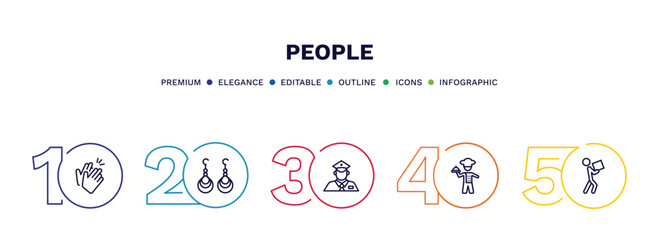 set of people thin line icons. people outline icons with infographic template. linear icons such as partners claping hands, earings, policeman working, cooker with tray, men carrying a box vector.