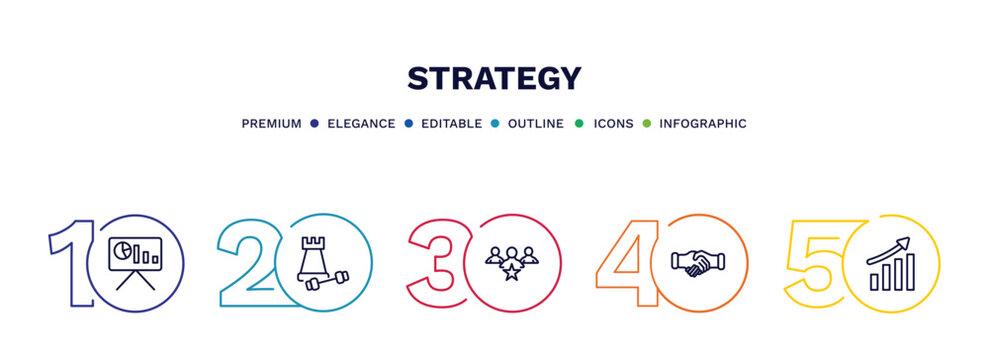 set of strategy thin line icons. strategy outline icons with infographic template. linear icons such as presentation, strength, leader, handshake, growth vector.