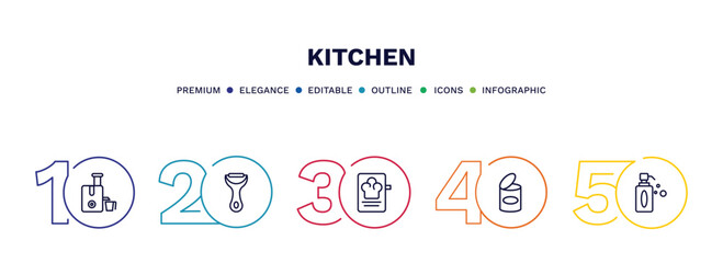 Fototapeta na wymiar set of kitchen thin line icons. kitchen outline icons with infographic template. linear icons such as juicer, peeler, recipe, conserve, soap dispenser vector.