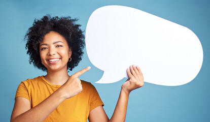 Speech bubble, communication portrait and woman pointing, social media and college talk, news or...