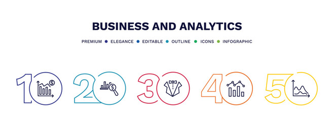 set of business and analytics thin line icons. business and analytics outline icons with infographic template. linear icons such as profit analysis, dollar analysis bars, dress code, analytic