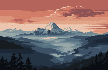 Vector blue mountains landscape with sunset, landscape mountains and dark trees illustration.