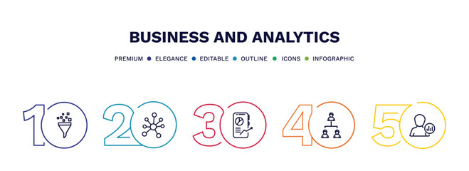 set of business and analytics thin line icons. business and analytics outline icons with infographic template. linear icons such as funneling data, connected data, mobile stock data, hierarchy, user