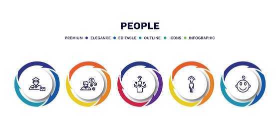 set of people thin line icons. people outline icons with infographic template. linear icons such as postman working, book keeper, man with an idea, man with idea, baby smile vector.