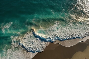 A Captivating Aerial View of Breaking Waves on a Beach Blue Ocean - Generative Ai