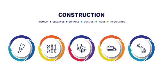 set of construction thin line icons. construction outline icons with infographic template. linear icons such as construction palette, three tools, two screws, , man painting vector.