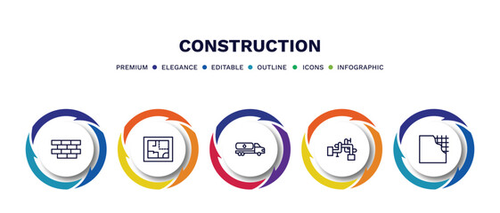 set of construction thin line icons. construction outline icons with infographic template. linear icons such as brickwall, house plan, fuel truck, adjustment system, vector.