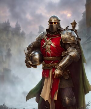 Middle ages knight warrior. Fully armored medieval heavy knight guarding the castle.