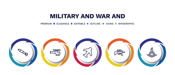 set of military and war and thin line icons. military and war outline icons with infographic template. linear icons such as airplane bomb, helicopter, airplane, assault, submarine front view vector.