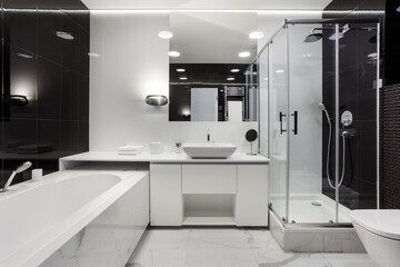 luxury bathroom in black and white style at apartment - obrazy, fototapety, plakaty