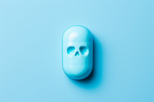 Blue pill with abstract skull on blue background. Drug concept