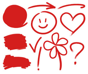 set of red marks and punctuation symbols