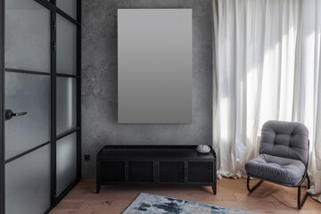 room with art template over commode in apartment