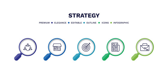 set of strategy thin line icons. strategy outline icons with infographic template. linear icons such as collaboration, store, target, newspaper, briefcase vector.