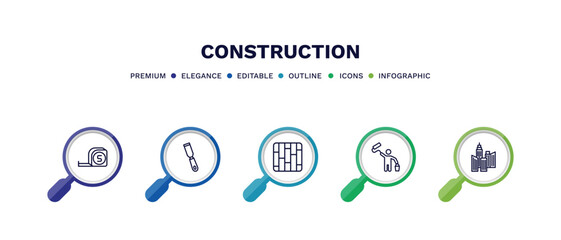 set of construction thin line icons. construction outline icons with infographic template. linear icons such as five meters ruler, , man painting,