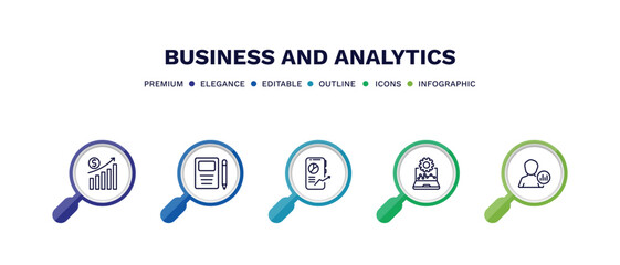 set of business and analytics thin line icons. business and analytics outline icons with infographic template. linear icons such as revenue, workbook, mobile stock data, laptop with analysis, user