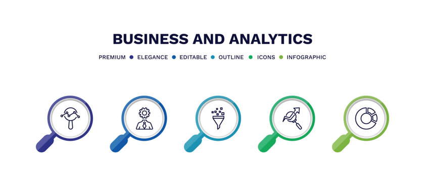 Set Of Business And Analytics Thin Line Icons. Business And Analytics Outline Icons With Infographic Template. Linear Icons Such As Data Analytics Circular, Business Skills, Funneling Data, Stock