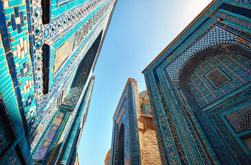Mausoleums of the Shakhi Zinda complex in Samarkand, Uzbekistan - 618115193