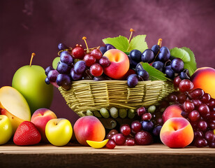 Assortment of juicy fruits in a large bowl on wooden table, natural background. Digital illustration. CG Artwork Background
